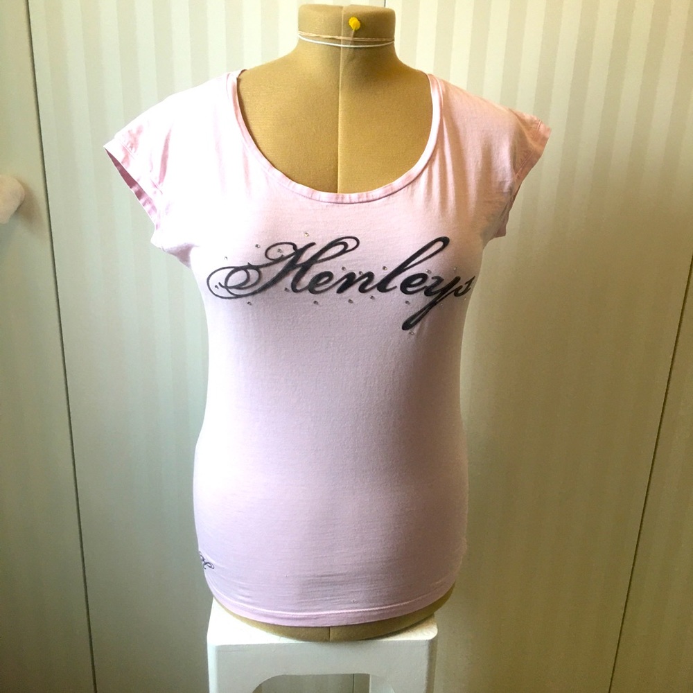 Henleys pale pink with gray logo rhinestones Size M (UK 14)
